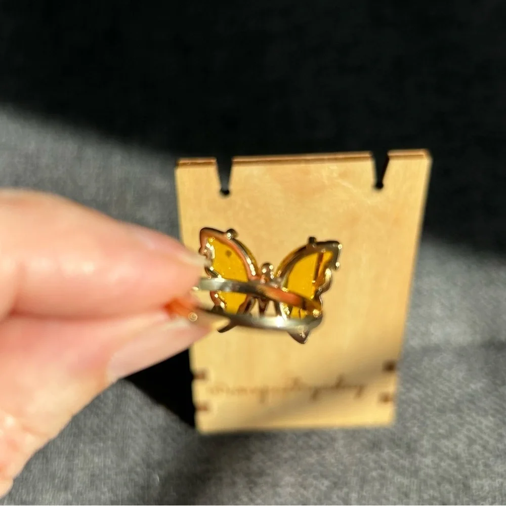 Pretty YELLOW Butterfly Gemstone Fashion Ring, Gold, Adjustable